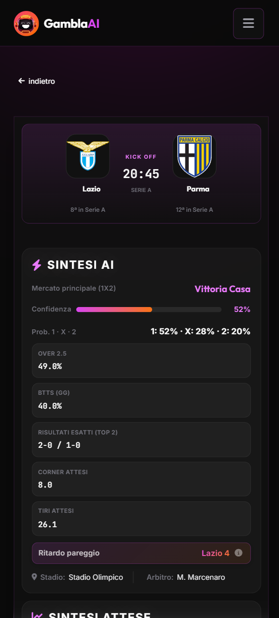Gambla AI — dettaglio partita su mobile