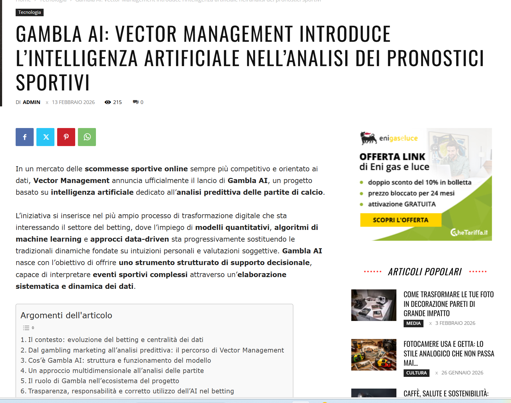 Articolo stampa — Vector Management e Gambla AI